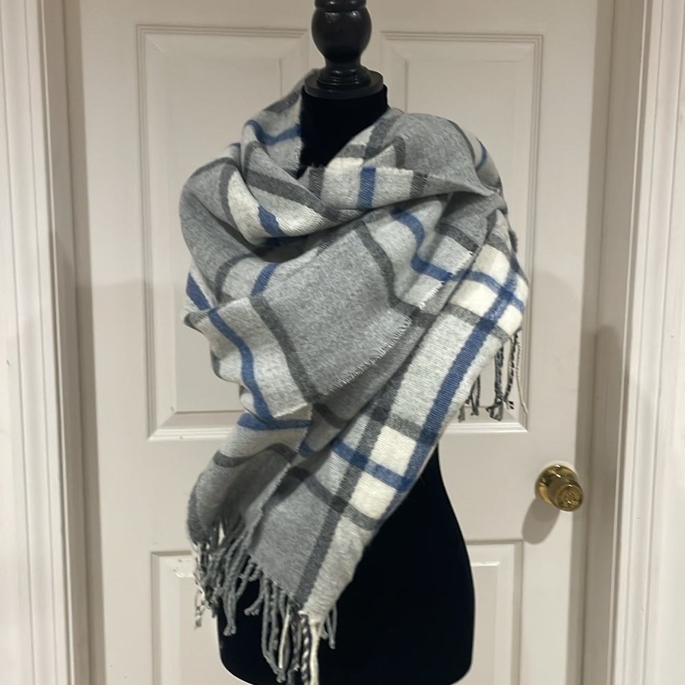 Gray and blue Stewart Plaid oversized scarf